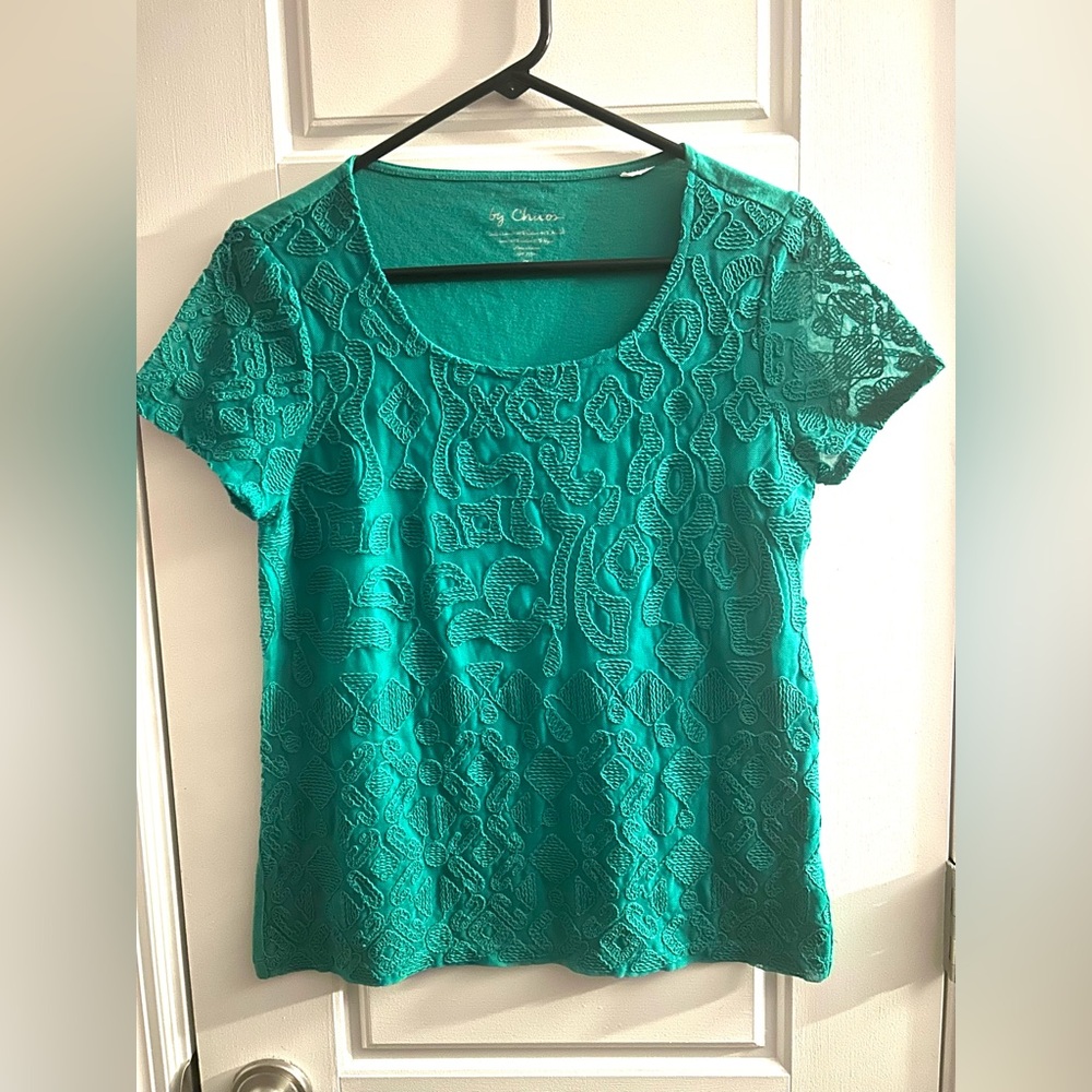 Chico's Green Embroidered Burnout Textured Short Sleeve Blouse Top Size 0